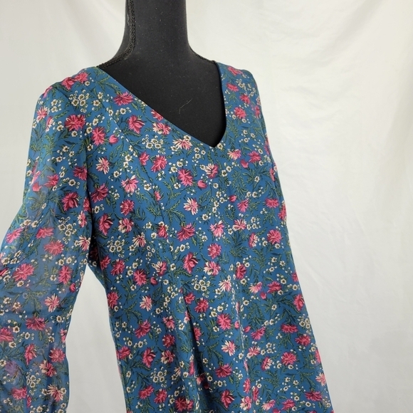 INC INTERNATIONAL CONCEPTS V Neck Sheer Long sleeve Shift Dress Teal Floral - Picture 5 of 9